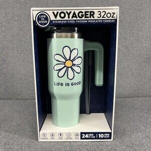 Life is Good Daisy Voyager 32 oz Stainless Tumbler Teal Straw Lid Brush -‎ NEW